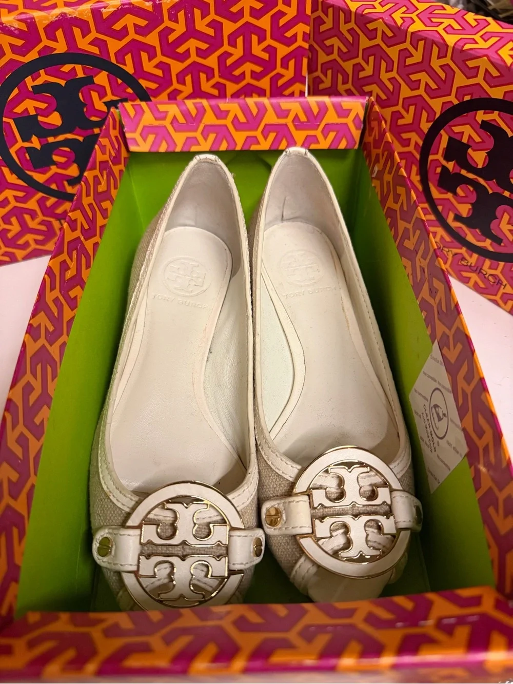 Tory Burch Ivory Peep-Toe Logo Medallion Flats